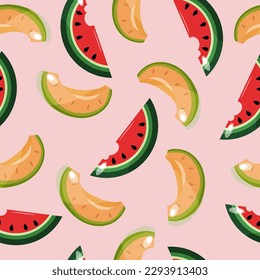 Colourful fruit seamless pattern with melon and watermelon. Vector design on a pink background.