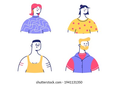 Colourful funny characters vector illustration. Set of people in bright shirts flat style. Unique clothes on figures. Fashion and art concept. Isolated on white background