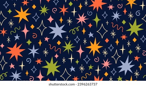 Colourful funny vector seamless pattern with random various hand drawn doodle stars and sparks. Christmas, birthday wrapping paper, background, wallpaper, textile.