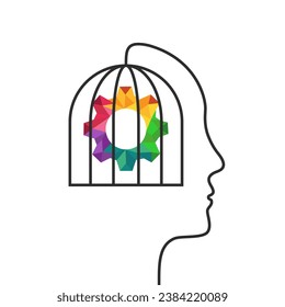 Equipo colorido encerrado dentro de un concepto de jaula mental