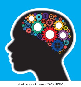 Colourful gears in human brain and head to illustrate the concept of thinking