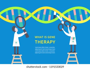 Colourful Gene Therapy Concept Banner With Characters. Scientists Are Studying And Repair Human Dna. Modern Healthcare Concept. Vector Illustration Eps10