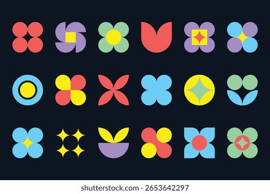 Colourful geometric and floral icons set on a dark background, featuring abstract petal shapes and symmetrical design elements.
