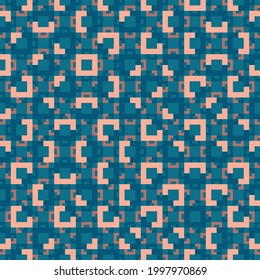 Colourful geometric seamless vector pattern in orange, pink and blue. Layered Truchet repeat background for wallpaper, interiors, fashion and prints. Vector illustration. 