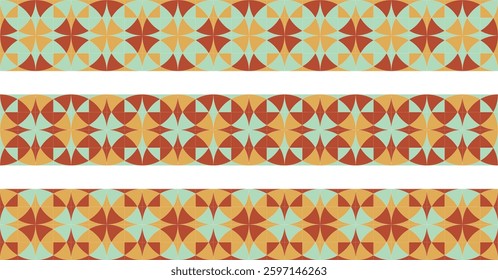 Colourful geometrical shapes in three different styles. All in earth colour: light green, red and orange. Resembling the European street tiles design.