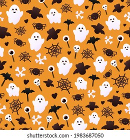 Colourful ghost payyern for halloween with bats and spiders, candies on orange background, ornate for wrapping paper