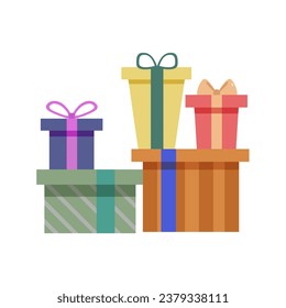 Colorido juego de caja de regalo. Presente, fiesta, feliz cumpleaños, Navidad, celebración. Diseño vectorial simple.
