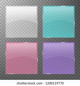 Colourful glass banner with transparency set isolated on transparent background. Realistic 3D design elements. Vector illustration.