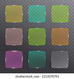 Colourful glass banner with transparency set isolated on transparent background. Realistic 3D design elements. Vector illustration.