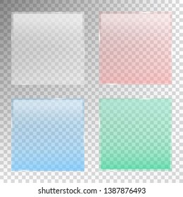 Colourful glass banner with transparency set isolated on transparent background. Realistic 3D design elements. Vector illustration.