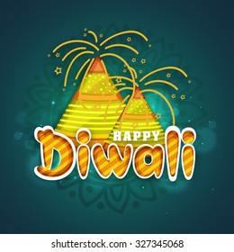 Colourful glossy firecrackers on shiny floral decorated background for Indian Festival of Lights, Happy Diwali celebration.