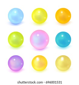 Colourful glossy spheres collection isolated on white. Blue, yellow, orange, green, pink, purple orbs. Bouncy ball set. Round jelly bean. Vector illustration for your design.