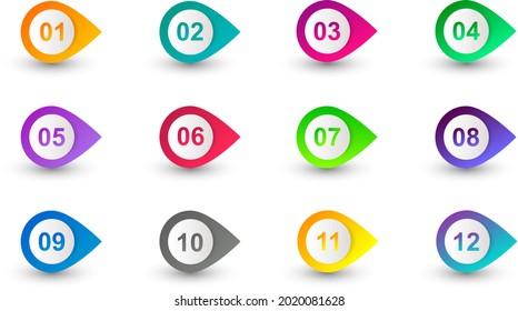 Colourful gradient arrow bullet point set with number from 1 to 12. Vector illustration