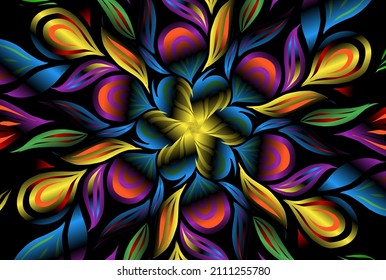 bunter Farbverlauf-Kunstkreisblume Muster traditioneller Batik-ethnischer Ornamente für Bildschirmhintergrund-Werbeanzeigen oder Kleidung