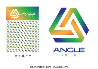 Colourful gradient logo using three triangle lines with aligned geometry and pattern, secondary logo icon layout, blue, green, yellow and orange