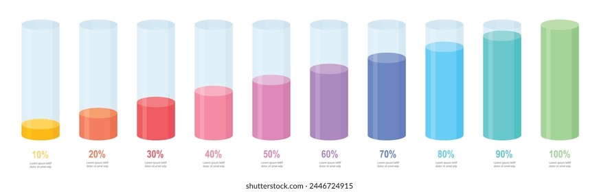 Colourful gradient round slim chart bars template, clear 10%-100% infograph layout. Graphic flat design interface illustration elements for app ui web banner button vector isolated on white background