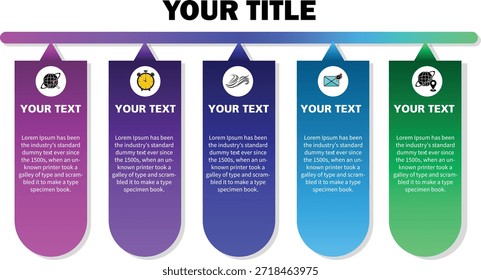 Gráfico de información de línea de tiempo de gradiente colorido con cinco pasos y diseño plano moderno. Ideal para presentaciones de negocios, flujos de trabajo, procesos e informes corporativos.