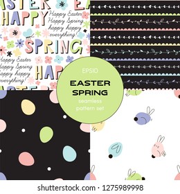 Colourful Graphic Flowers spring seamless patterns set. Floral stripes, Easter colourful eggs and bunny, Lettering Flat vector graphic background for packaging, cardmaking, scrapbook and more.