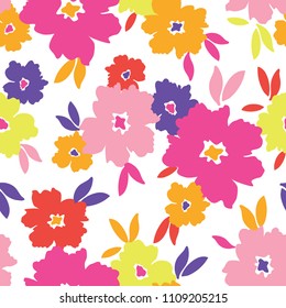 Colourful graphic large scale blooms on white background vector seamless pattern