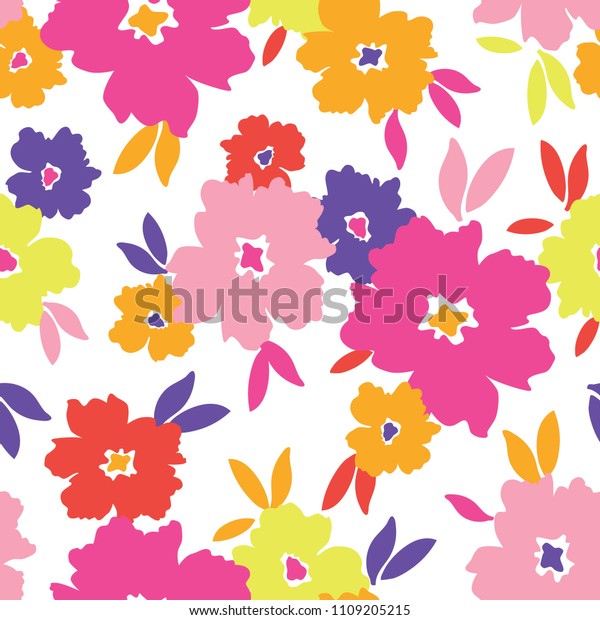Colourful graphic large scale blooms on white background vector seamless pattern