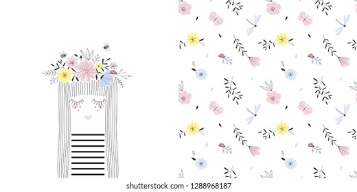 Colourful graphic set with illustration of cartoon girl portrait in floral garland and small scaled flower seamless pattern. Decorative summer vector graphics for fabric, t-shirt print, cardmaking