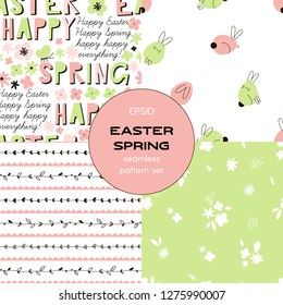 Colourful Graphic Spring seamless patterns set. Floral stripes, Ditsies, Bunny, Easter Lettering Flat vector graphic background for packaging, cardmaking, scrapbook and more.