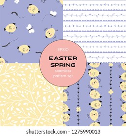 Colourful Graphic Spring seamless patterns set. Neutral Floral stripes, Tree branch, Yellow Chicken Flat vector graphic background for packaging, cardmaking, scrapbook and more.