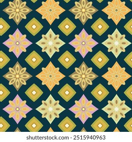 Colourful green yellow geometric floral seamless patterns