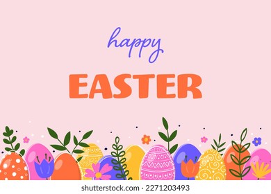 Carta de bienvenida colorida con huevos de Pascua y flores. Estilo de caricatura Diseño de Pascua. Ilustración del vector
