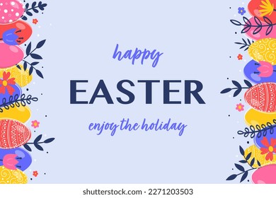 Colourful greeting card with Easter eggs and flowers. Cartoon style Easter design. Vector illustration