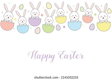 Tarjeta de saludo colorida con conejos de Pascua y huevos. Vector