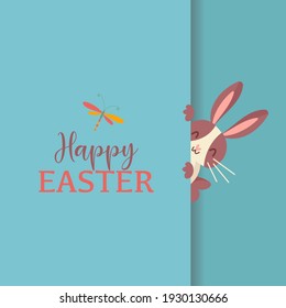 Colourful greeting card Happy Easter with flowers and peeping out rabbit on blue background