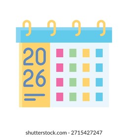 Calendario de cuadrícula de colores 2026 Ilustración vectorial Flat Style Icon