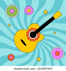 Colourful groovy illustration with acoustic guitar. stars and daisies. Trendy outlined patch.