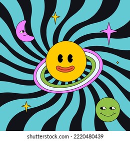 Colourful groovy illustration with smiling planets, stars and moon. Trendy outlined patch.