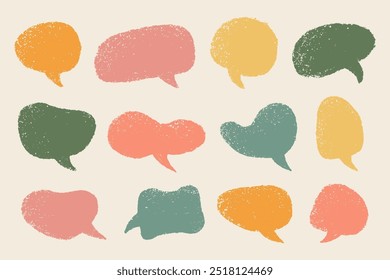 Colourful grunge grainy speech bubbles. Doodle cartoon pencil comic speech labels set with noise stipple dots texture