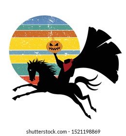 Colourful grunge moon with headless horseman holding evil pumpkin - layered 