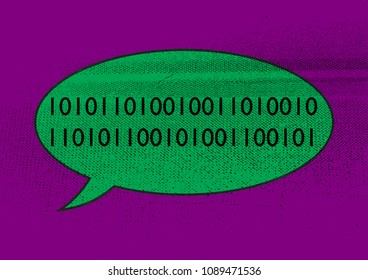 A colourful and grunged speech bubble design with binary code