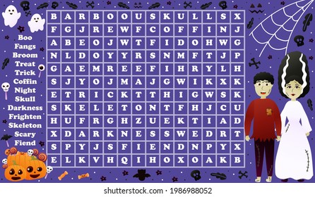 Colourful halloween riddle for searching words with cute characters on violet background with pumpkins and ghosts