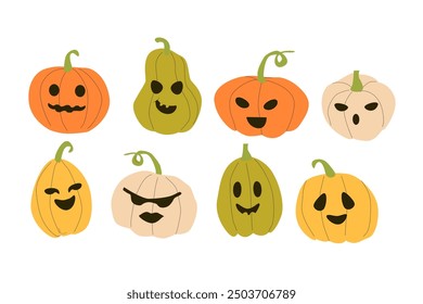 Colourful Halloweens pumkins set in orange, green, white and yellow colors. Vector illustrations for monsters party.