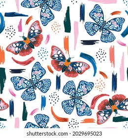 Colourful Hand drawn butterflies with artistic brush strokes seamless pattern vector EPS10,Design for fashion , fabric, textile, wallpaper, cover, web , wrapping and all prints on White 