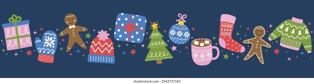 Colourful and hand drawn Christmas banner. Christmas tree, ball, present, sock, cookie, cup, hat, gloves. Vector illustration