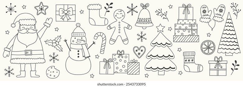 Colourful  hand drawn Christmas decorations. Set with cute Santa Claus, snowman, cookie and tree. Vector illustration