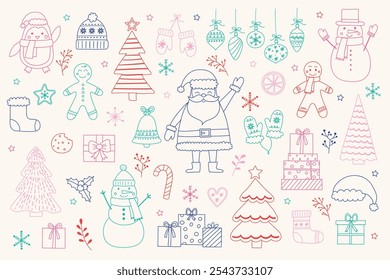Colourful  hand drawn Christmas decorations. Set with cute Santa Claus, snowman, cookie and tree. Vector illustration