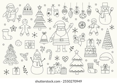 Colourful  hand drawn Christmas decorations. Set with cute Santa Claus, snowman, cookie and tree. Vector illustration