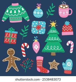 Colourful hand drawn Christmas element set. Christmas tree, ball, present, sock, cookie, cup, hat, sweater, gloves. Vector illustration