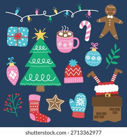 Farbiges handgezeichnetes Weihnachtselement-Set. Weihnachtsbaum, Ball, Geschenk, Socke, Keks, Tasse, Hut, Pullover, Handschuhe. Vektorgrafik