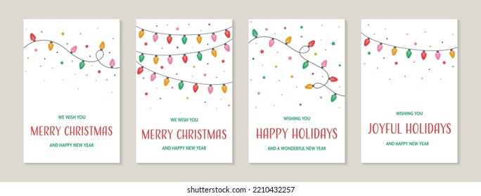 Colourful hand drawn cord of lights. Christmas cards with wishes. Vector illustration
