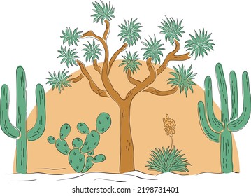 Colourful hand drawn desert cactus on the huge sun background. Vector clip art of Joshua tree, saguaro and opuntia. Desert vibes print design. Vector clip art of sunset.