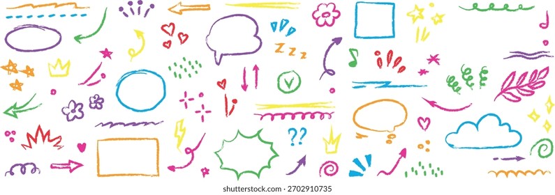 Colourful hand drawn doodle elements and shapes on a white background for creative design